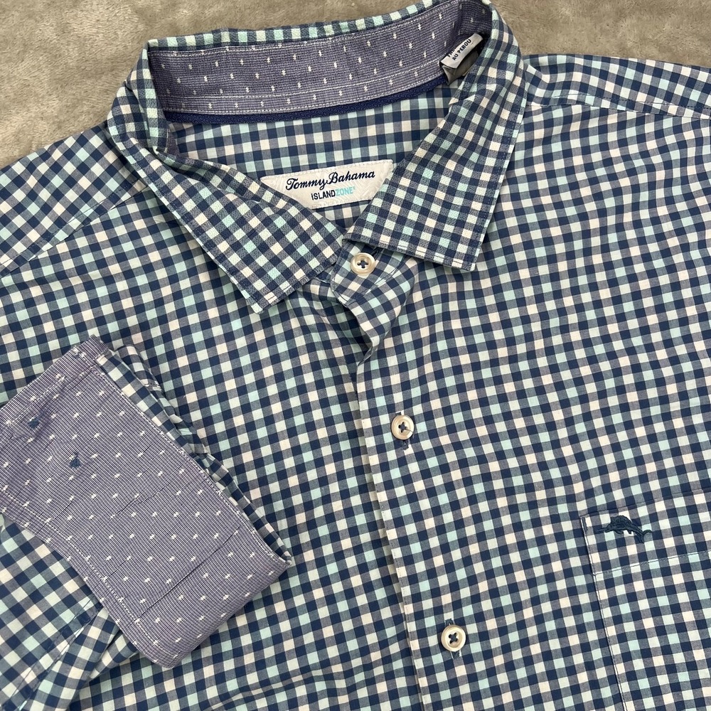 Tommy Bahama Newport Coast Shirt Men XLT Blue Gingham Check IslandZone Flip Cuff